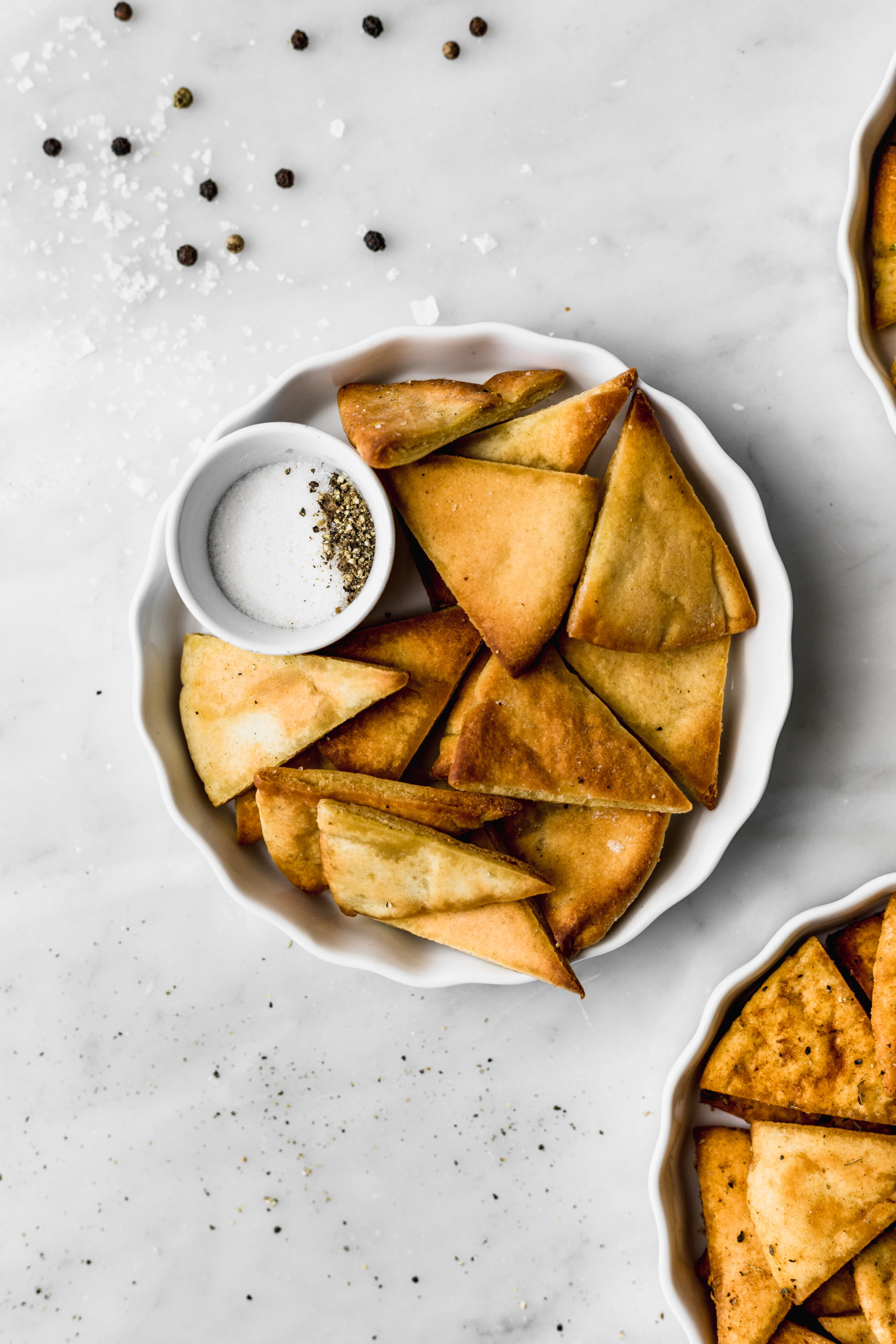 classic homemade pita chips with olive oil, salt and pepper.