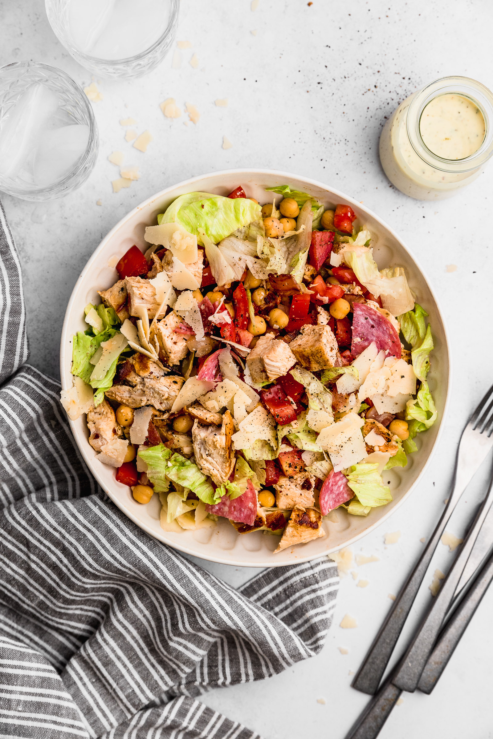 Jennifer Aniston's Salad that she ate on the set of FRIENDS. A Cobb salad with lettuce, chickpeas, tomatoes, salami, chicken, bacon, and pecorino cheese. 