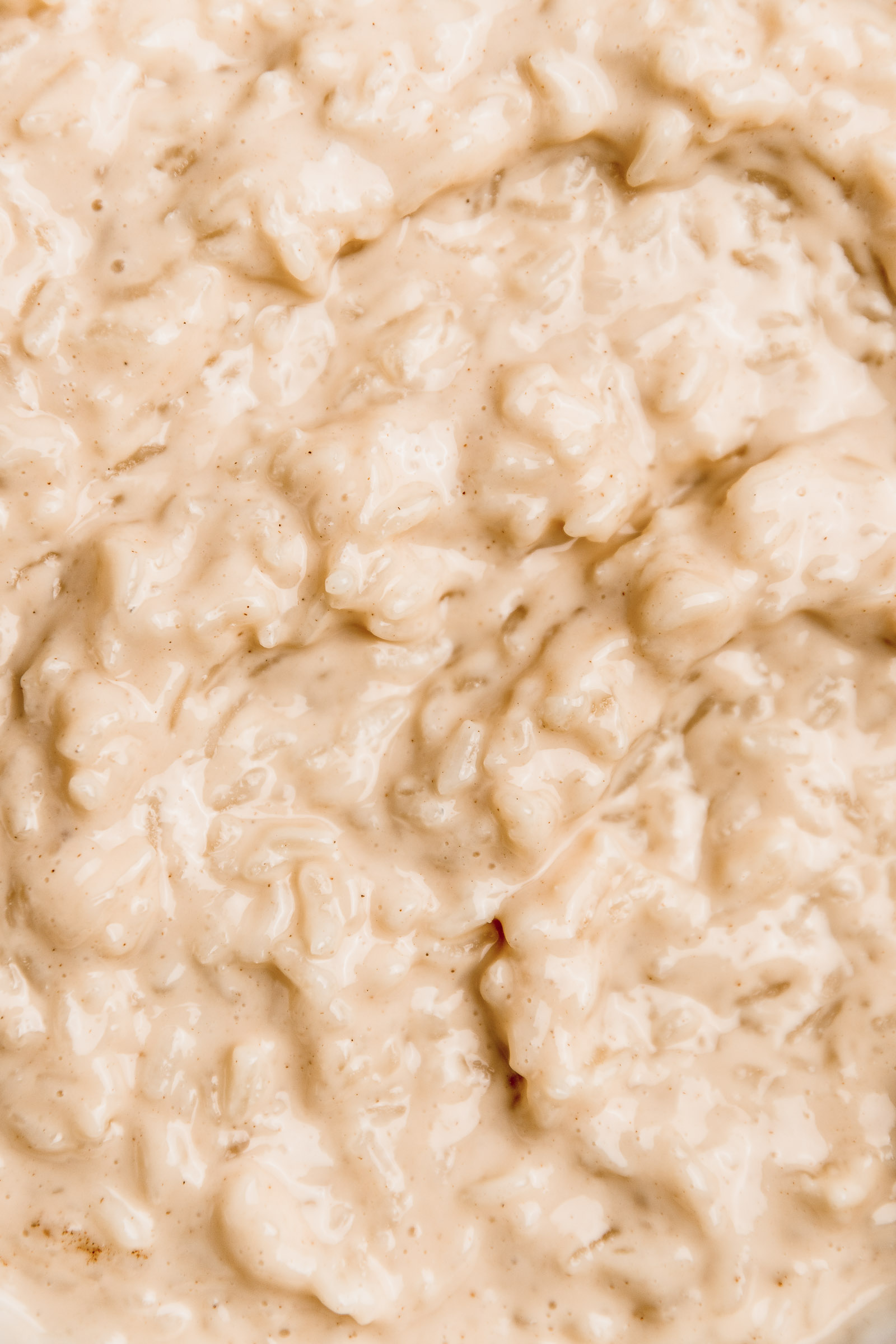 Closeup of the texture of a rice pudding with condensed mil where you can see the rice and creamy texture