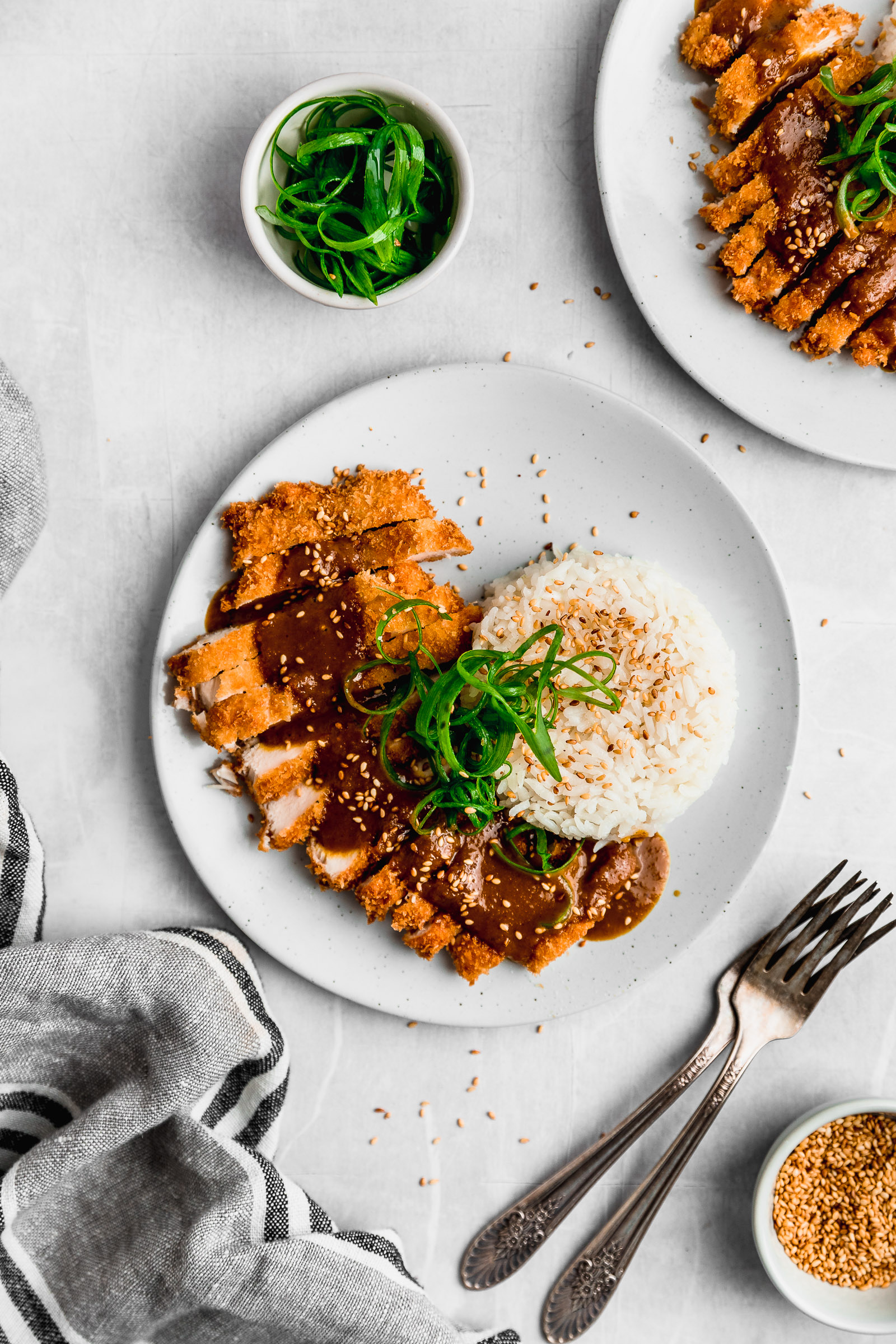Top View of Chicken Katsu Curry: panko chicken served with rice, curry sauce, sesame seeds, green onion.