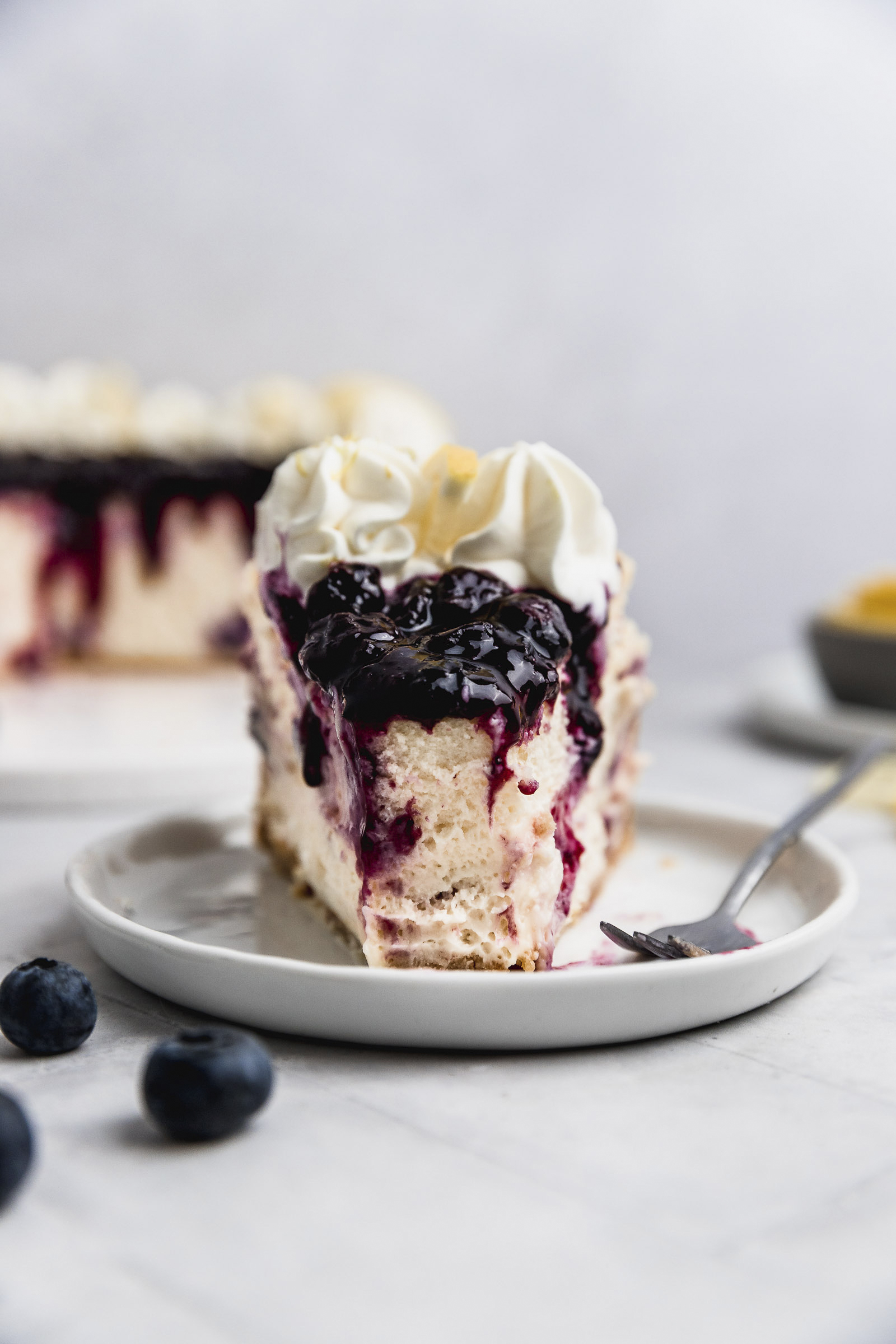 Frontal view of a lemon blueberry cheesecake slice. You can see the creamy texture and blueberry sauce on top. At the edge of the slice are rosettes of whipped cream.